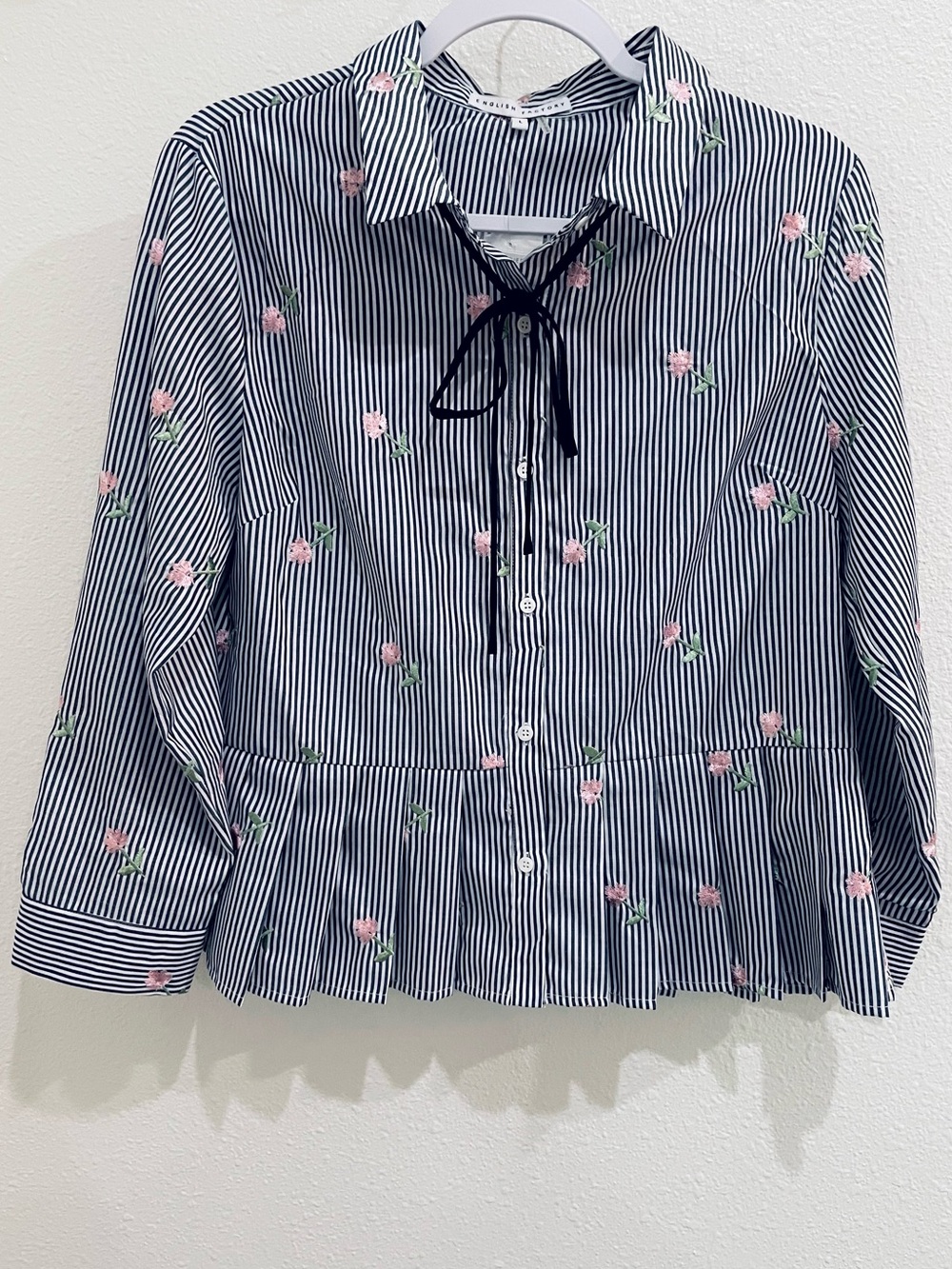 English Factory Embroidered Preppy Bow Top Feminine Striped Peplum Nautical